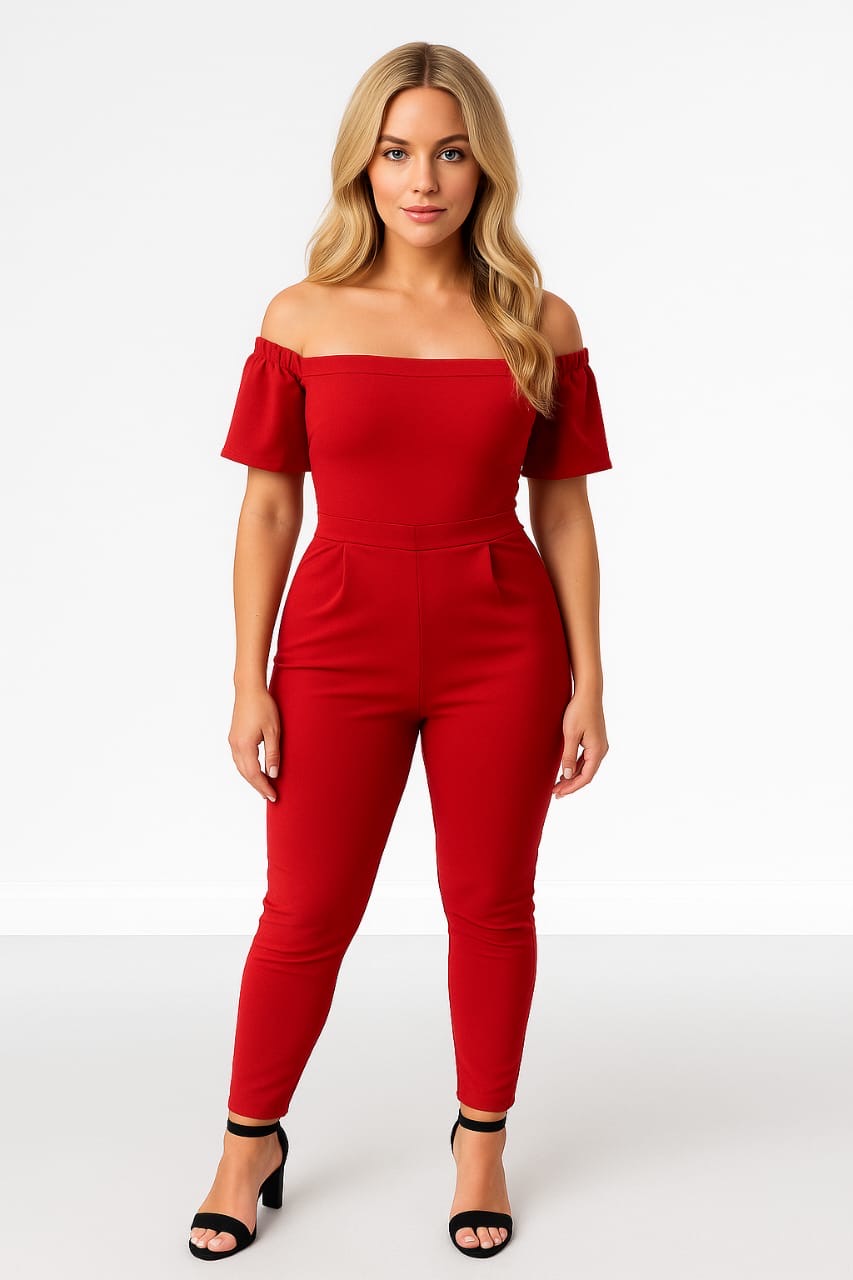 Off Shoulder Slim Leg Red Jumpsuit