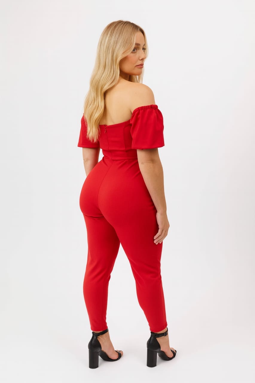 Off Shoulder Slim Leg Red Jumpsuit