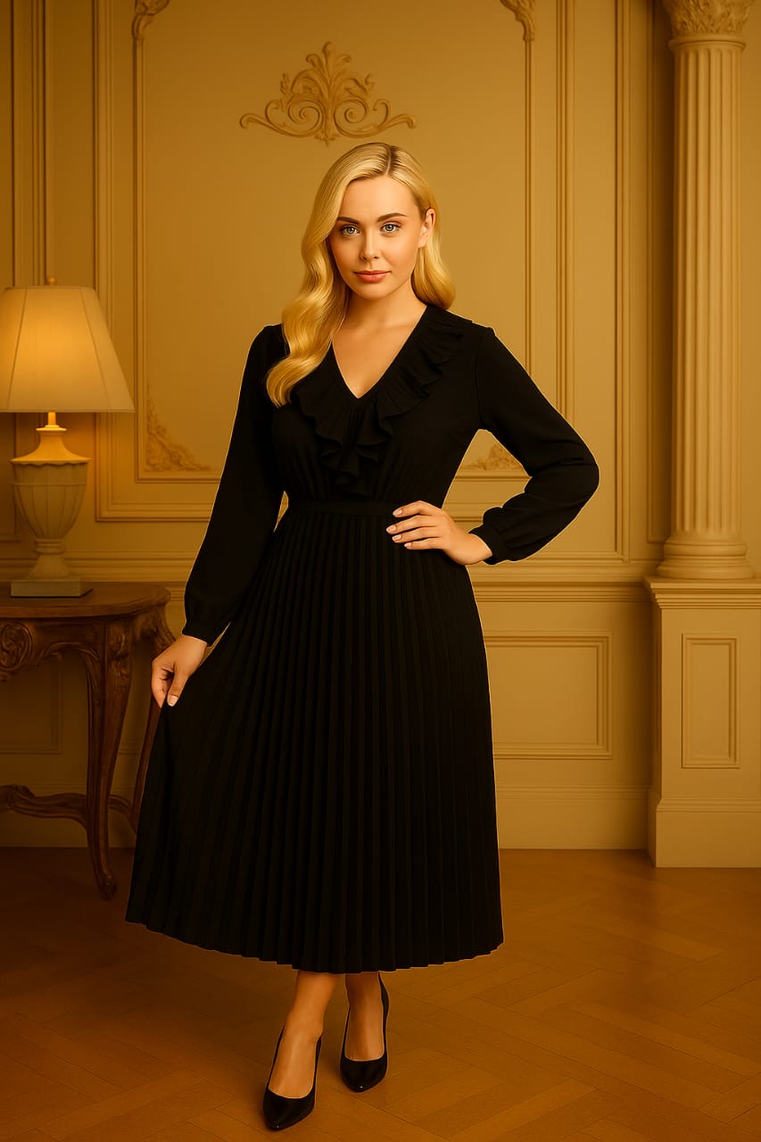 Long Sleeve Low Cut Elasticated Waist Plisse Long Dress