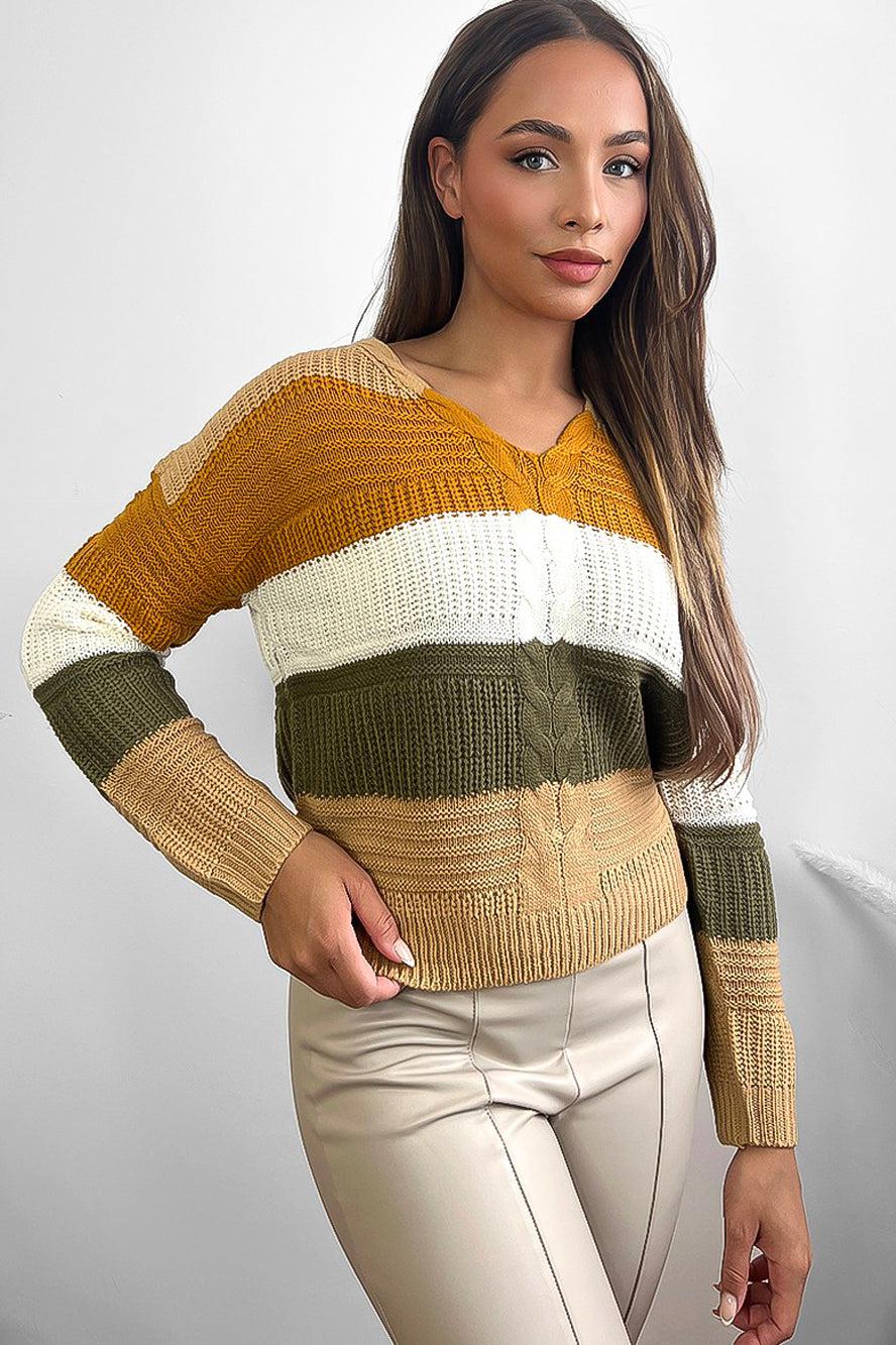 Laced Up Back V-Neck Stripy Pullover-SinglePrice