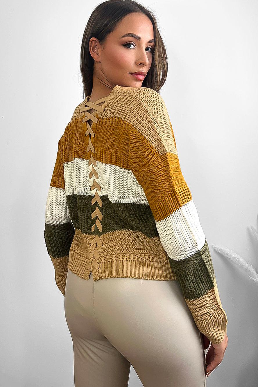 Laced Up Back V-Neck Stripy Pullover-SinglePrice