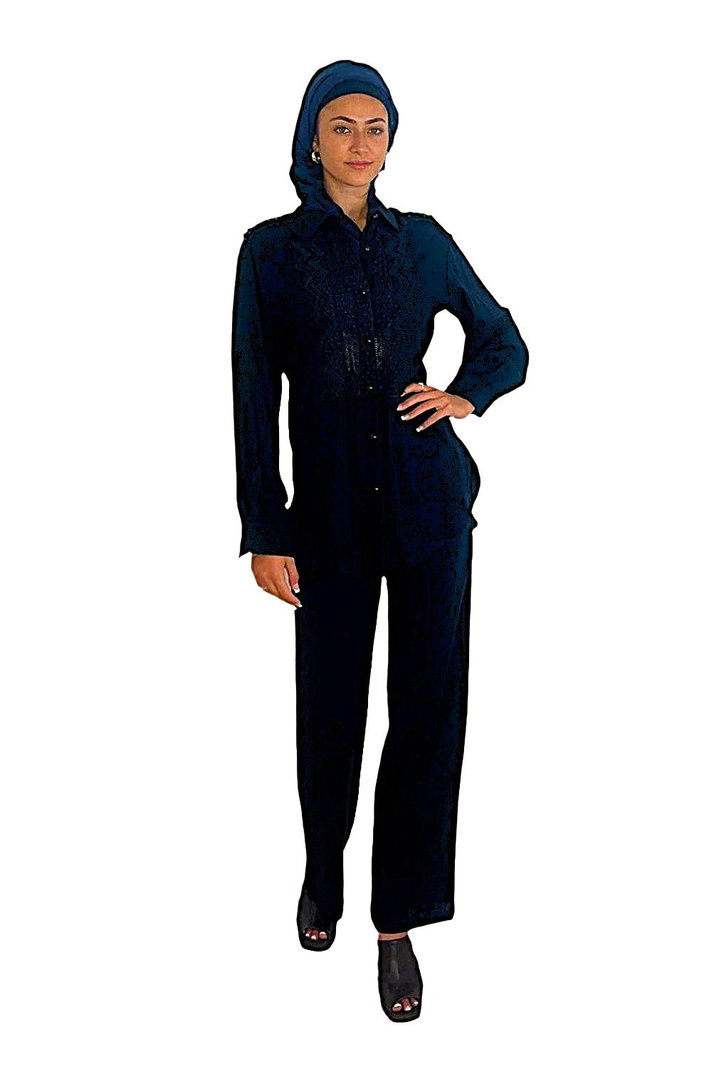 Wholesale Women's Crochet Lace Trim Button Down Long Sleeve Blouse And Wide Leg Coord Set ((PACK OF 6)
