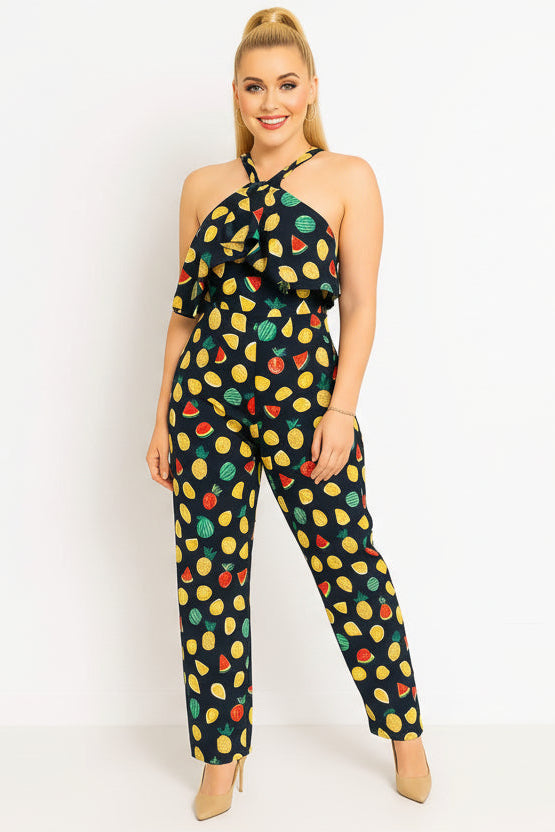 Navy Fruits Print Halterneck Jumpsuit
