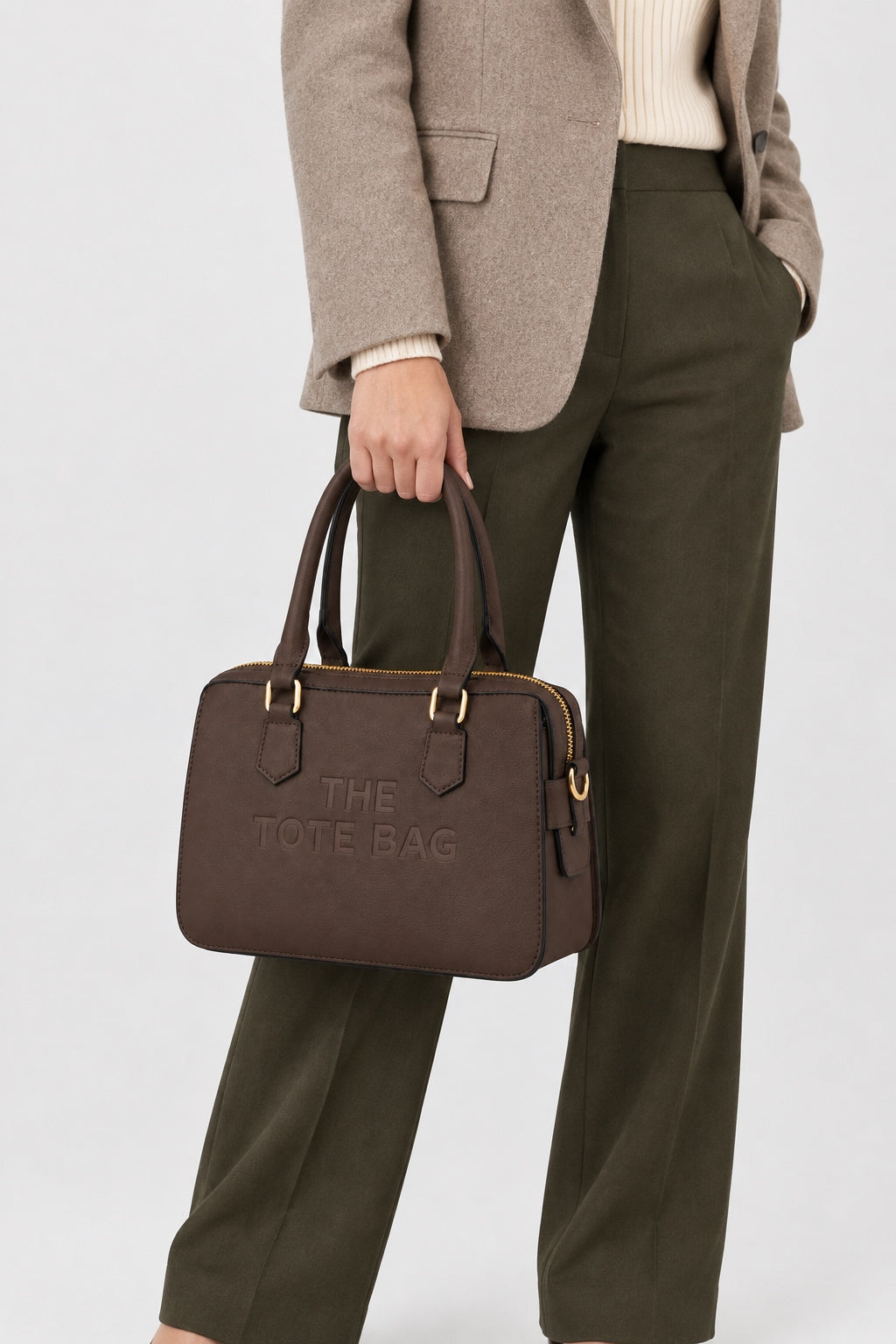 Embossed Slogan Structured Tote Bag - COFFEE carried by model