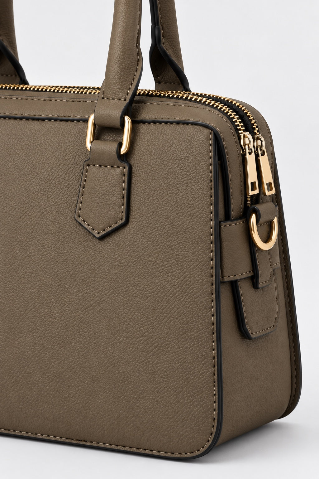 Embossed Slogan Structured Tote Bag - KHAKI zip and hardware detail