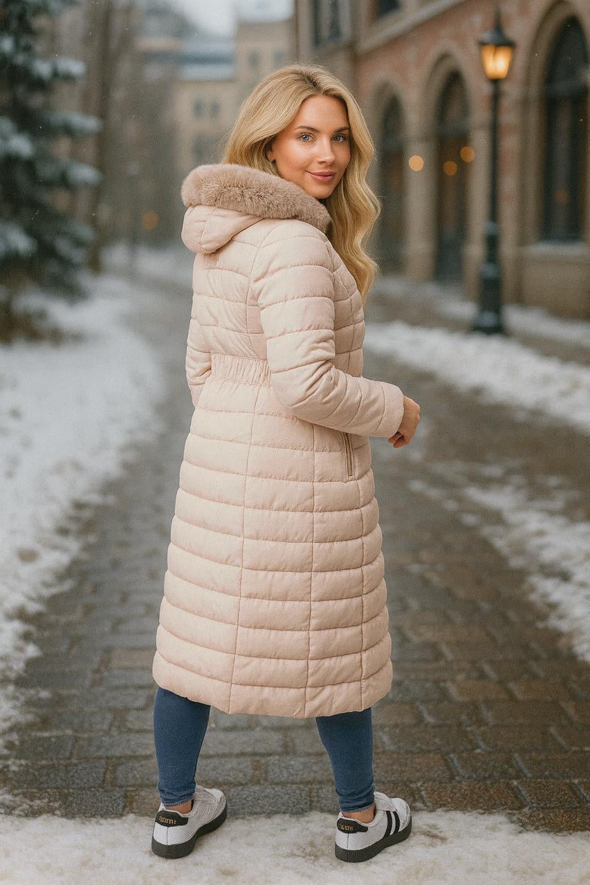 Faux Fur Trimmed Hood Quilted And Belted Shimmer Long Padded Coat