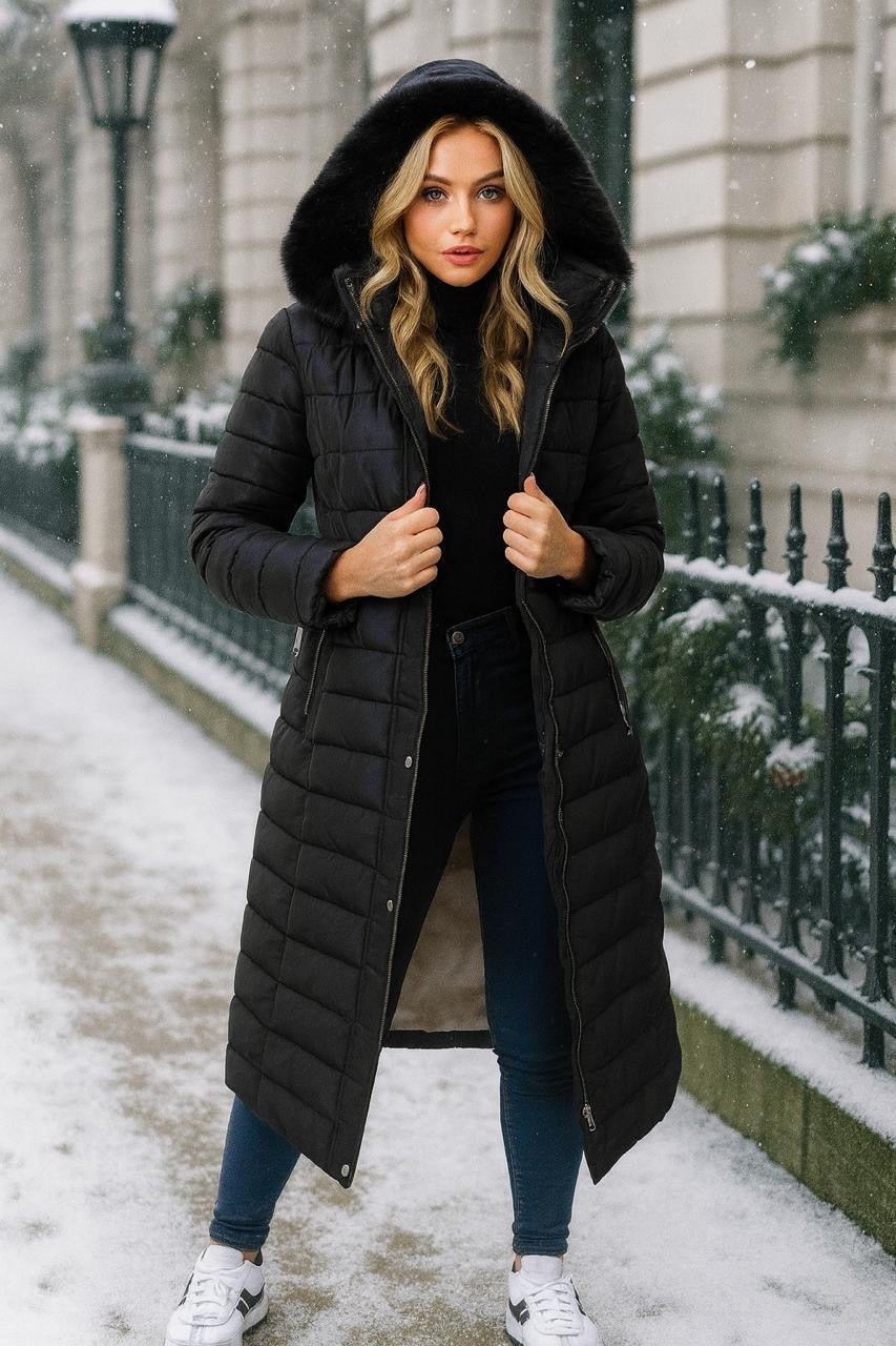 Faux Fur Trimmed Hood Quilted And Belted Shimmer Long Padded Coat