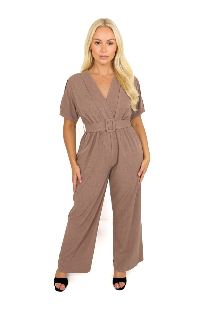 Low Cut Neck Belted Straight Leg Jumpsuit