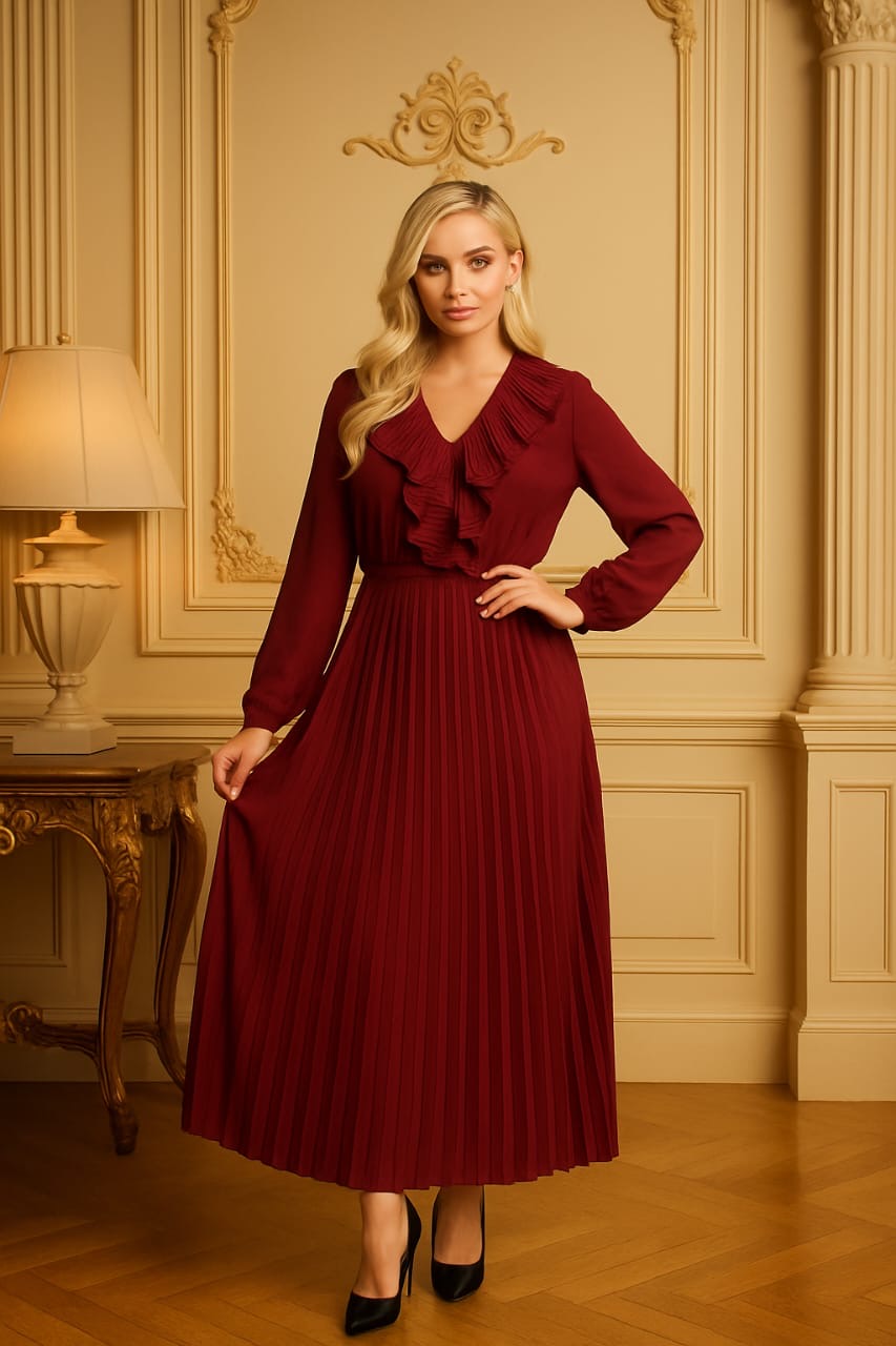 Long Sleeve Low Cut Elasticated Waist Plisse Long Dress