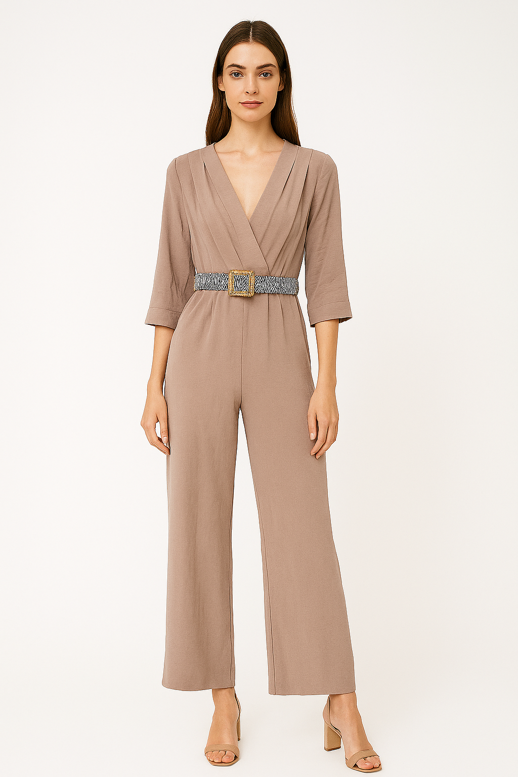 Belted 3/4 Sleeve V-Neck Wrap Style Wide Leg Jumpsuit