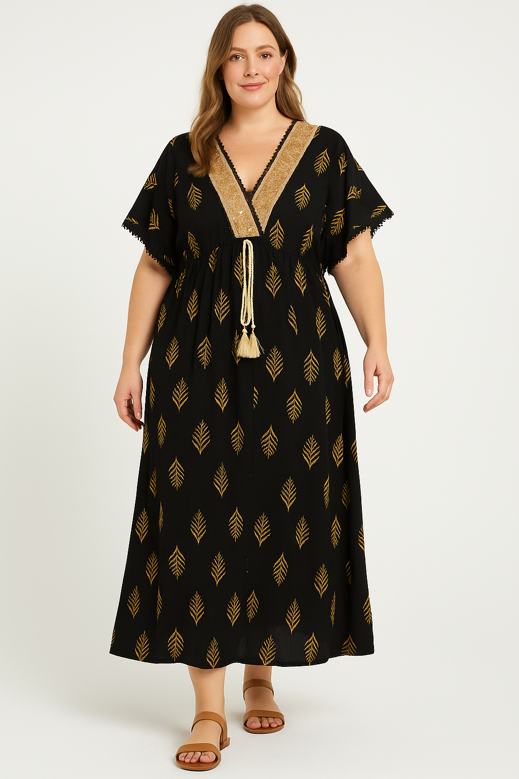 Boho V-Neck Sequin Embellished Kaftan Style Maxi Dress