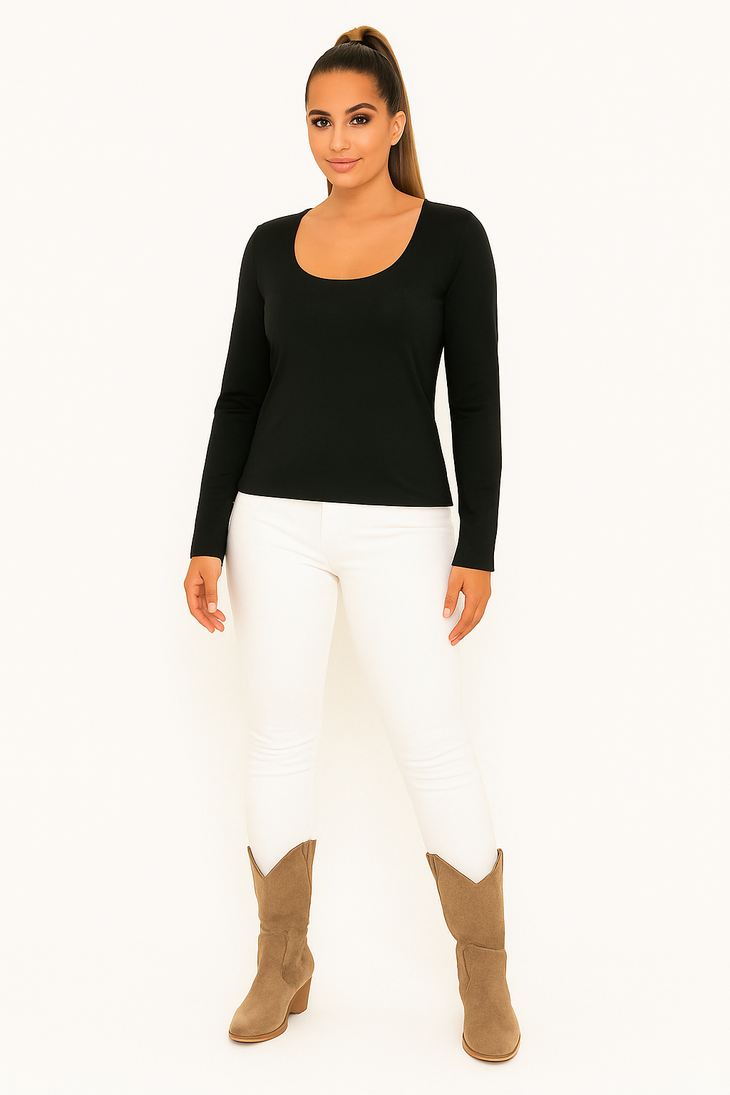 Scoop Neck Body Hugging Essential Long Sleeve Top