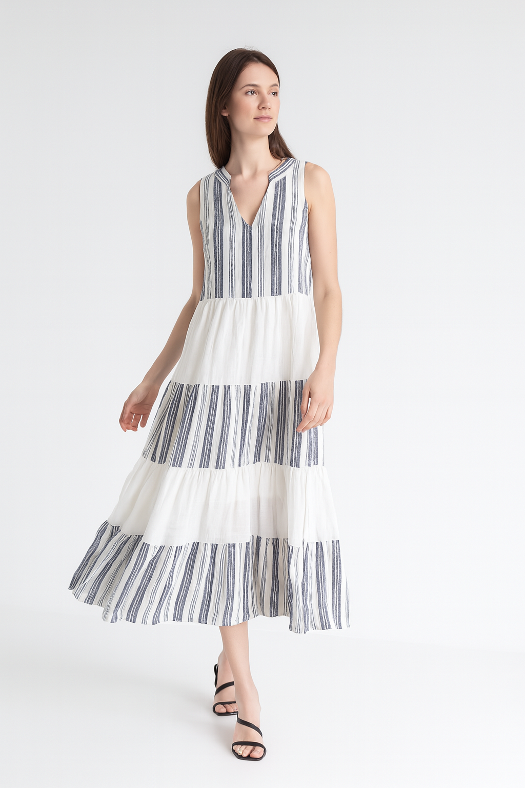 Lined Linen And Viscose Blend Tiered Maxi Sundress
