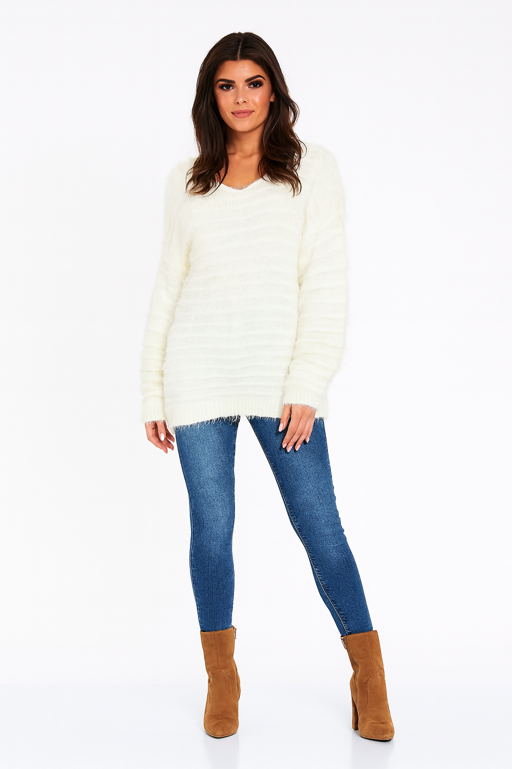 V-Neckline Fluffy Knit Jumper