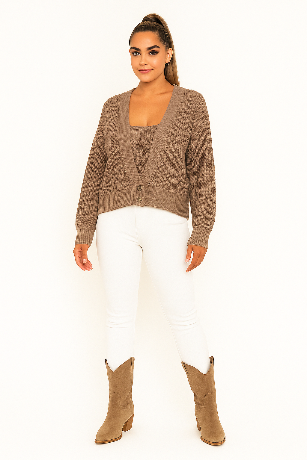 Button Detail V-Cut Neck Chunky Knit Cropped Cardigan