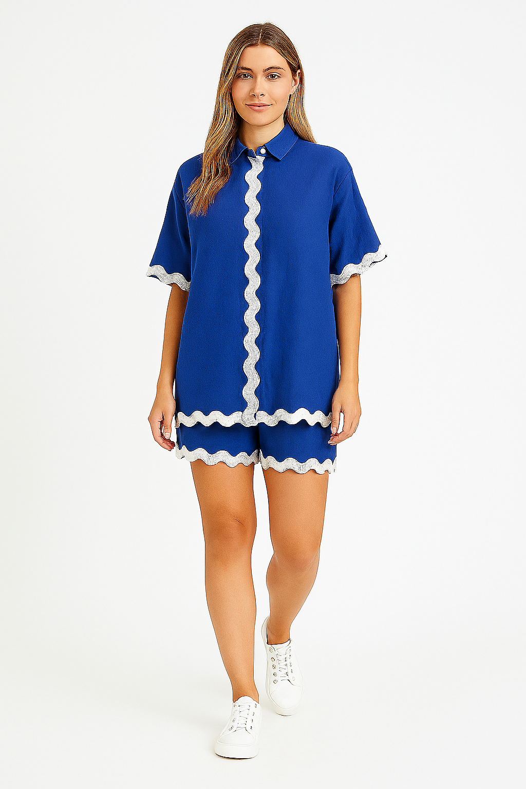 Oversized Shirt And Drawstring Shorts Viscose Blend Tape Coord Set