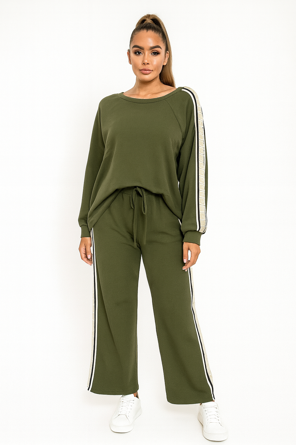 Long Side Stripe Sleeve Sweatshirt And Wide Leg Textured Coord Set