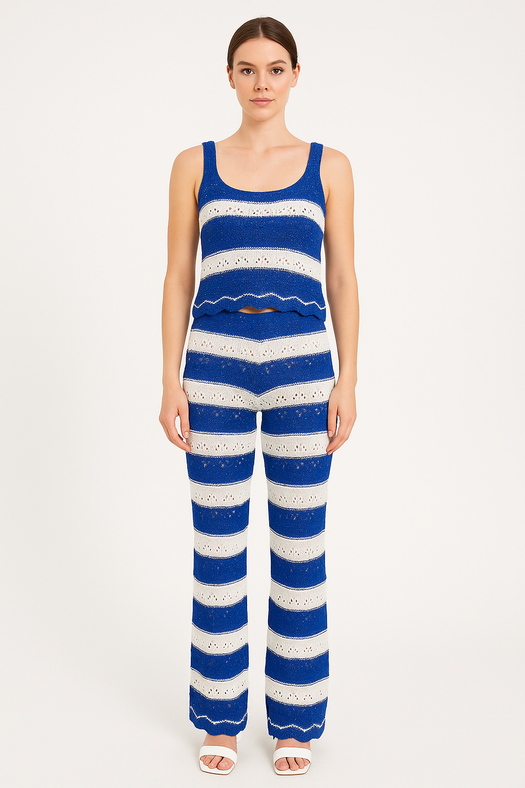 Two-Piece Sleeveless Crop Top And Flare Leg Stripe Crochet Set