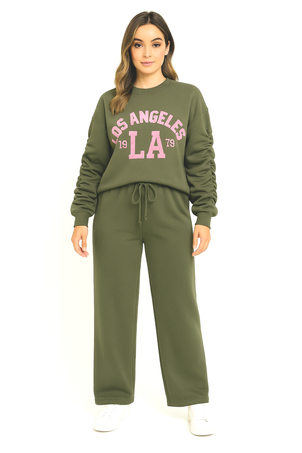 Slogan Ruched Sleeve Sweatshirt And Wide Leg Lounge Set
