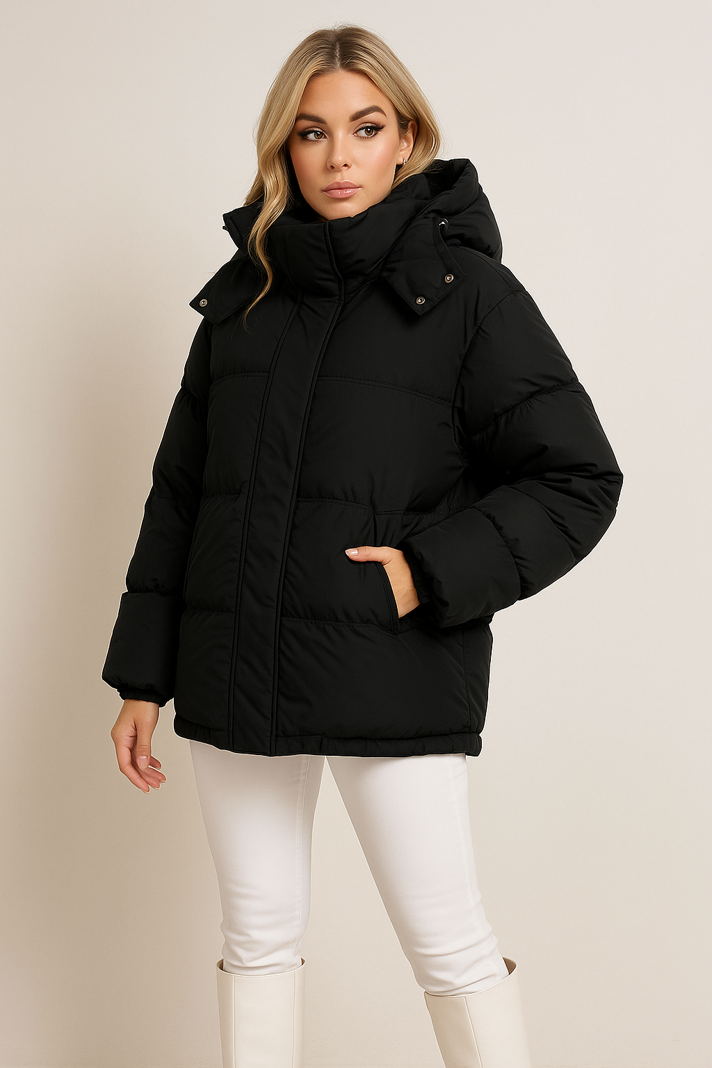 Relaxed Fit Hip Length Padded Hooded Puffer Jacket