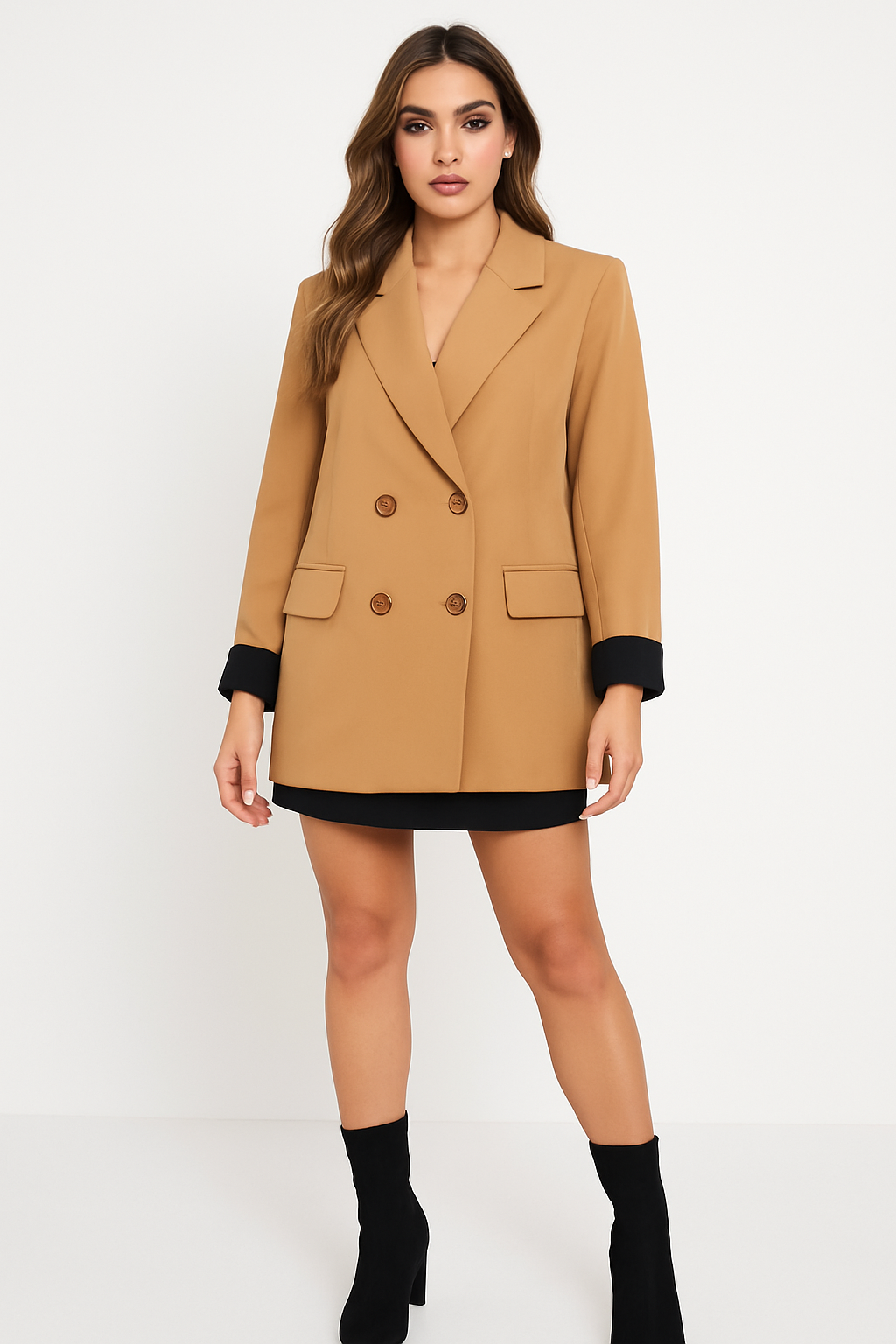 Wholesale Women's Rolled Up Contrast Panel Sleeve Longline Double Breasted Jacket (PACK OF 4)