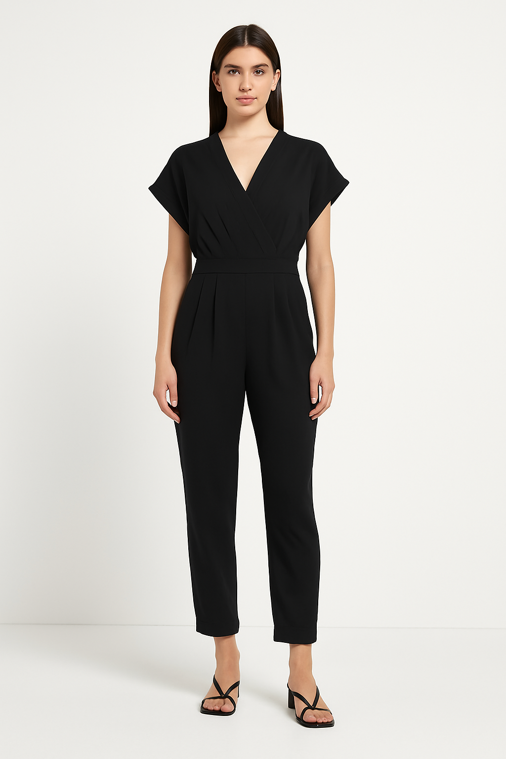 Crinkle Wrap V- Neck Tapered Leg Viscose Short Sleeve Jumpsuit