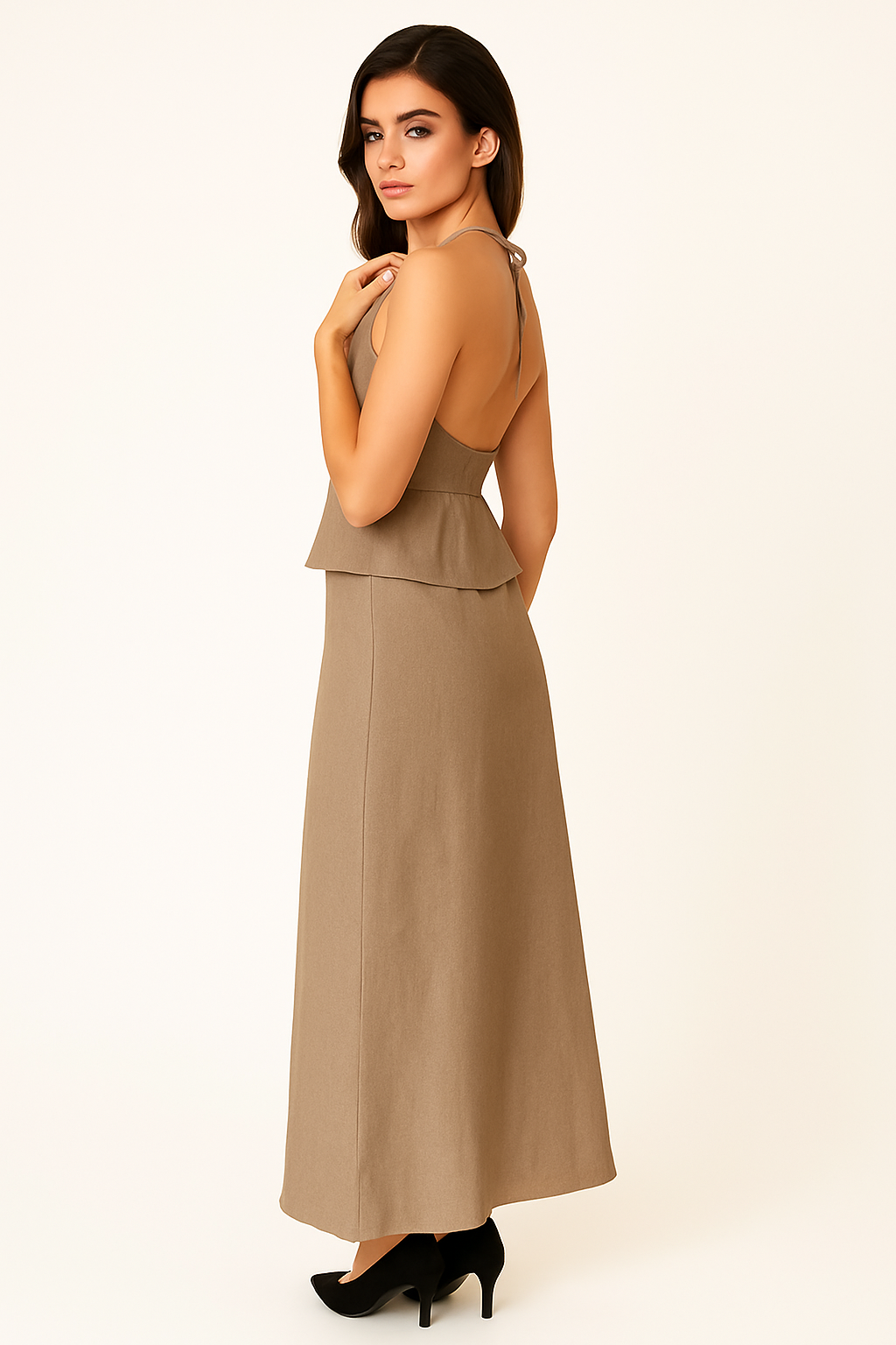 Wholesale Women’s Halterneck Peplum Top And A-Line Skirt Linen Coord Set (PACK OF 6)