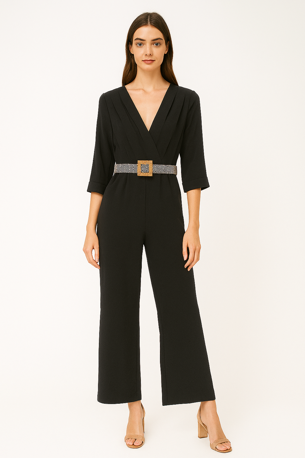 Belted 3/4 Sleeve V-Neck Wrap Style Wide Leg Jumpsuit