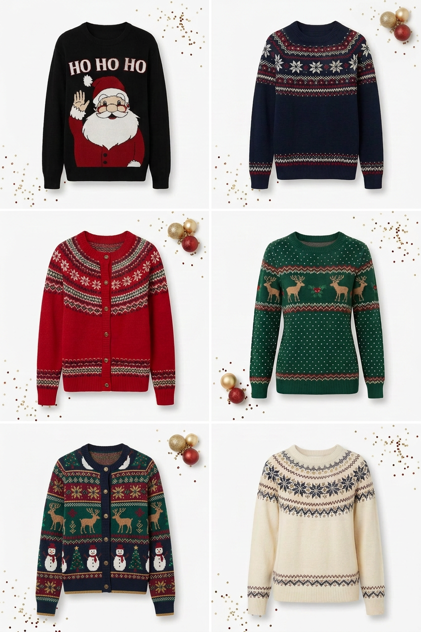 Two people wearing Christmas-themed sweaters with Santa Claus graphics and 'HO HO HO' text.
