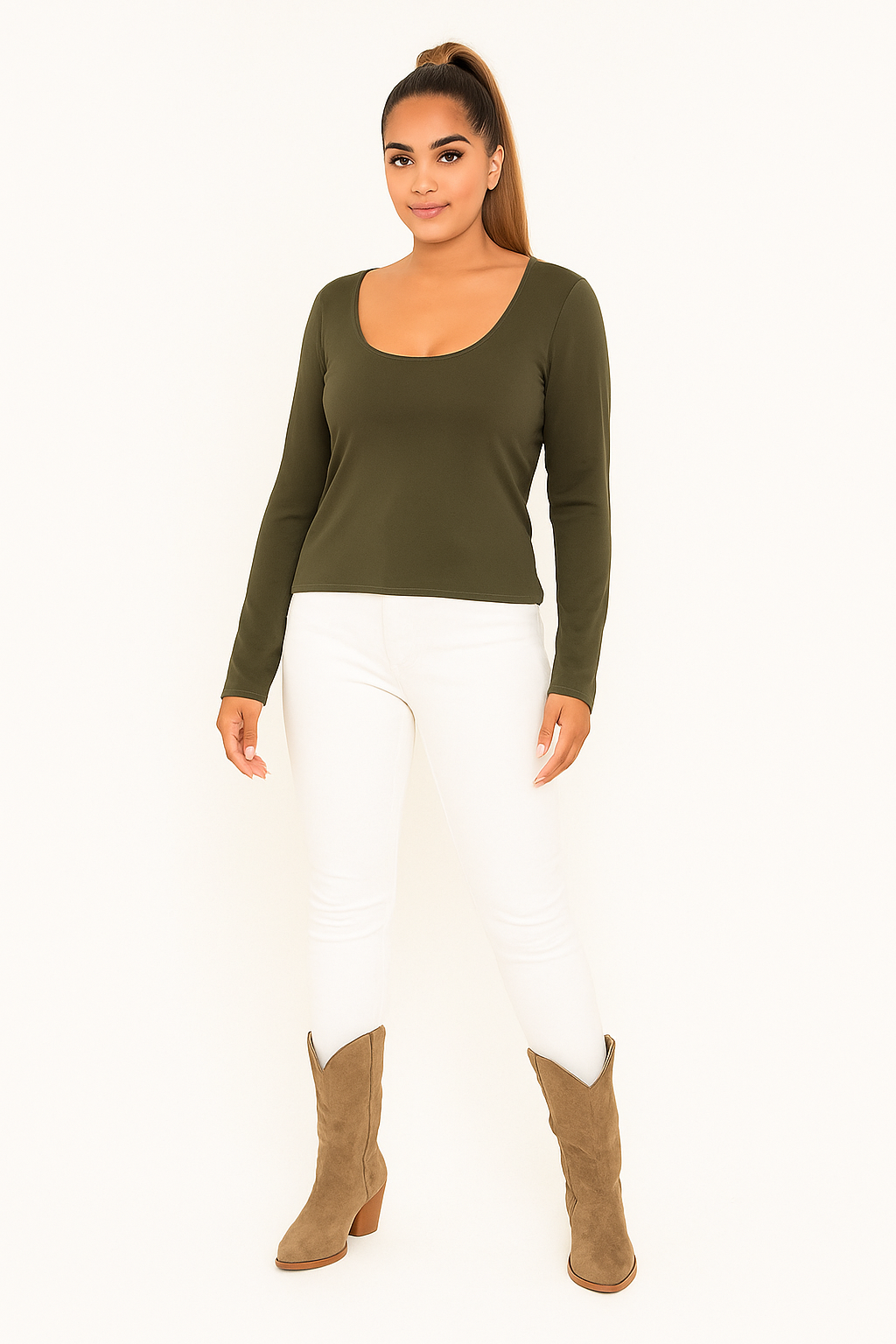 Scoop Neck Body Hugging Essential Long Sleeve Top