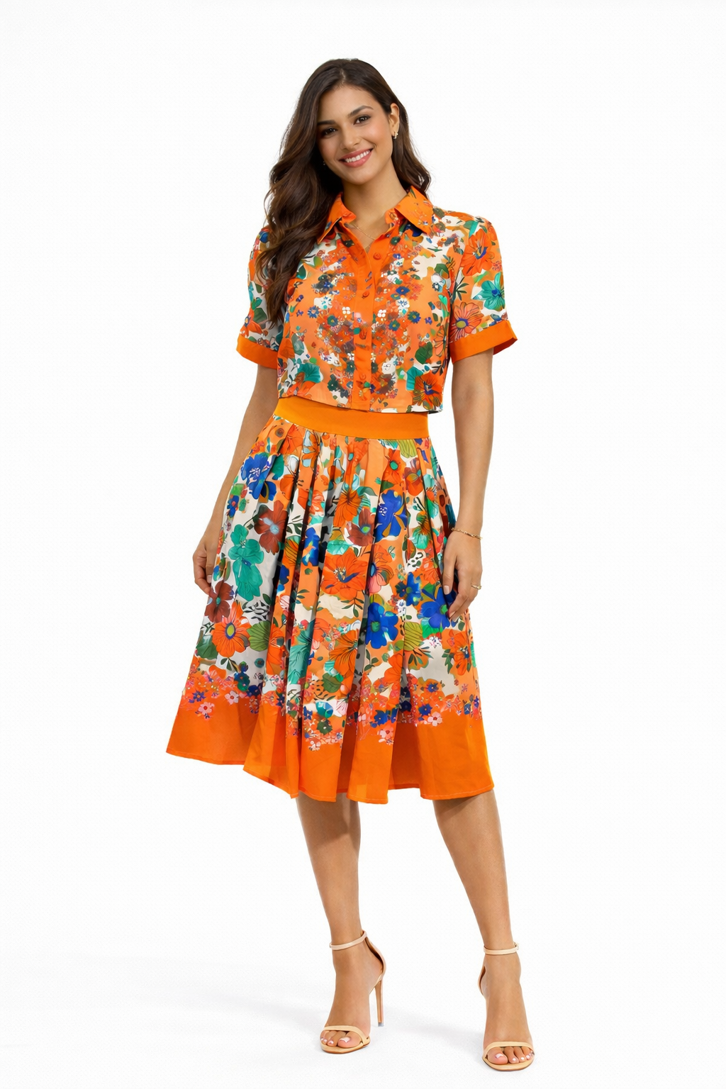 Floral Print Skater Knee Length Skirt And Blouse Coord Set