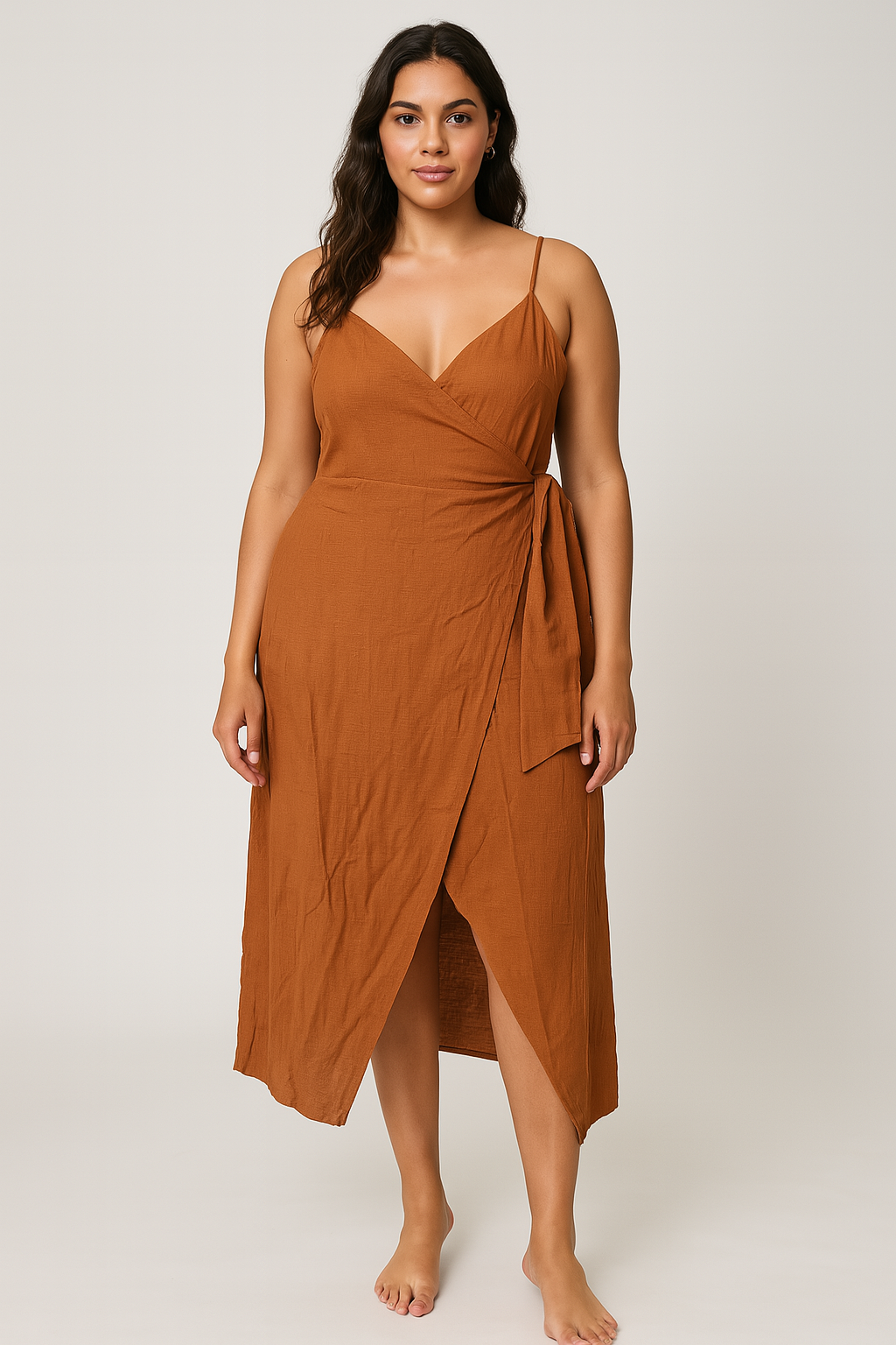 Adjustable Strap Wrap Style Lightweight Linen Midi Dress