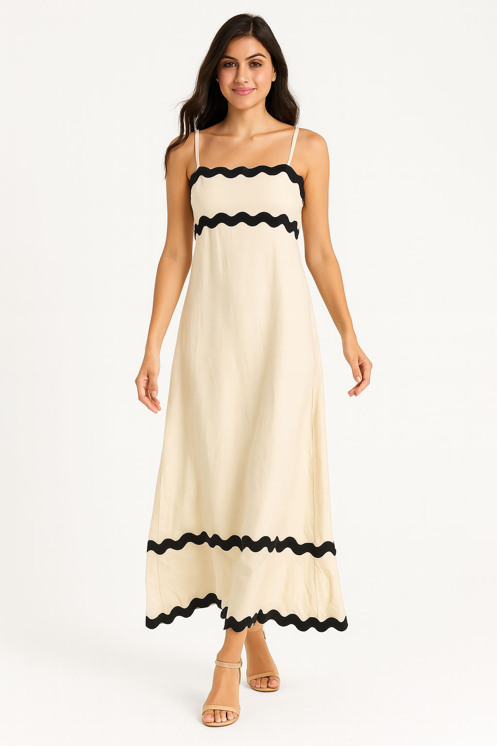 Viscose Blend Conrast Biding Flowy A-Line Strappy Maxi Dress