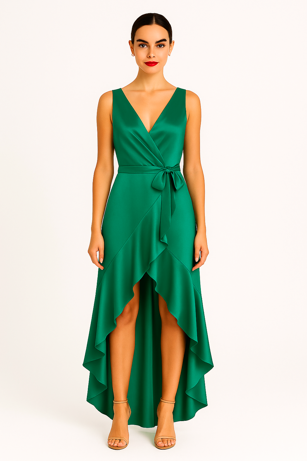 Sleeveless Wrap Style Satin High Low Dress