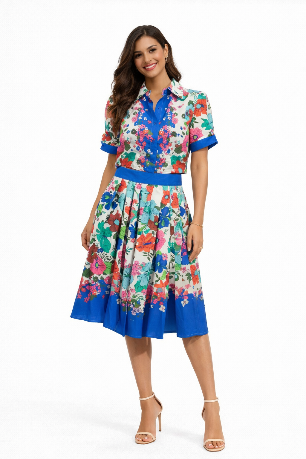 Floral Print Skater Knee Length Skirt And Blouse Coord Set