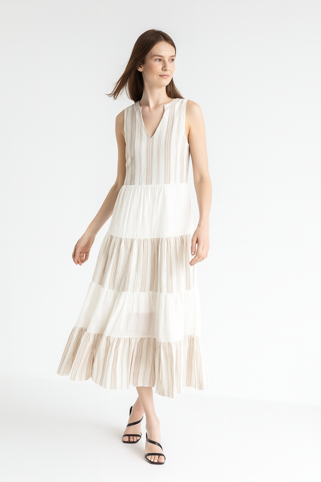 Lined Linen And Viscose Blend Tiered Maxi Sundress