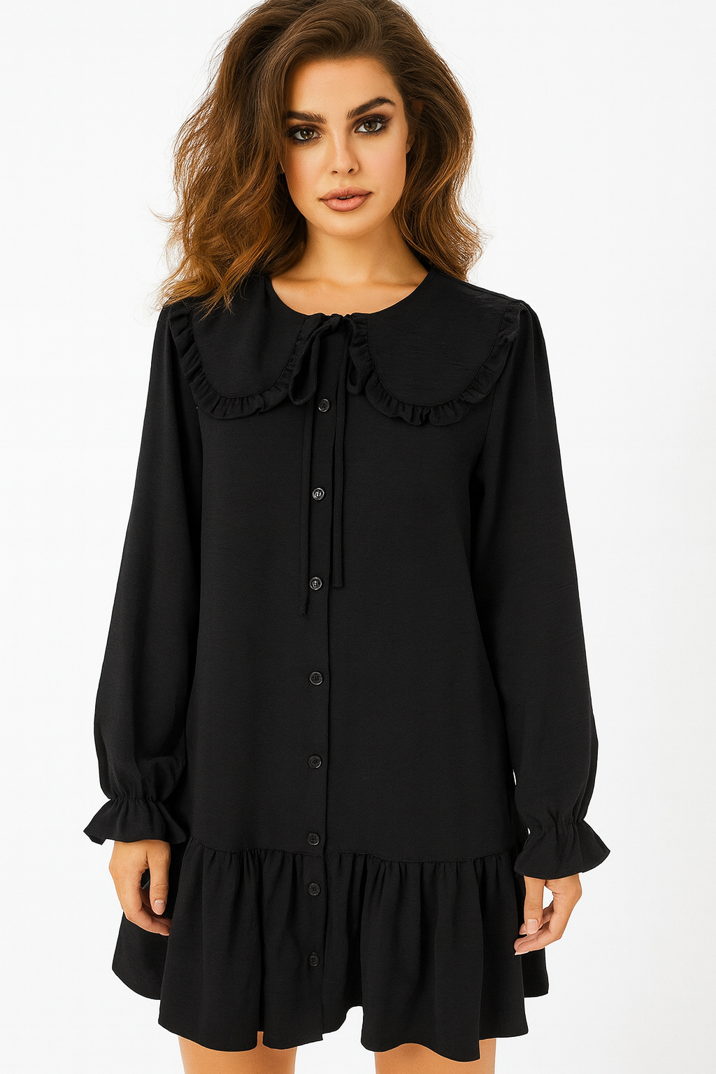 Wholesale Women's Crinkled Woven Fabric Long Sleeve Frill Tunic Dress (PACK OF 11)
