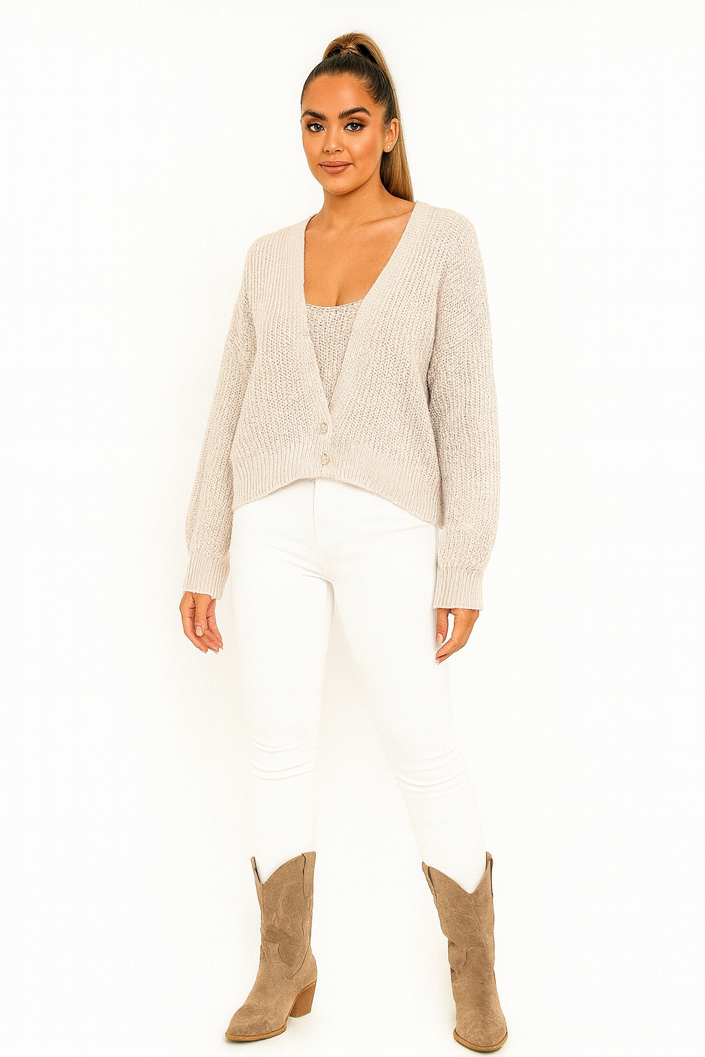 Button Detail V-Cut Neck Chunky Knit Cropped Cardigan