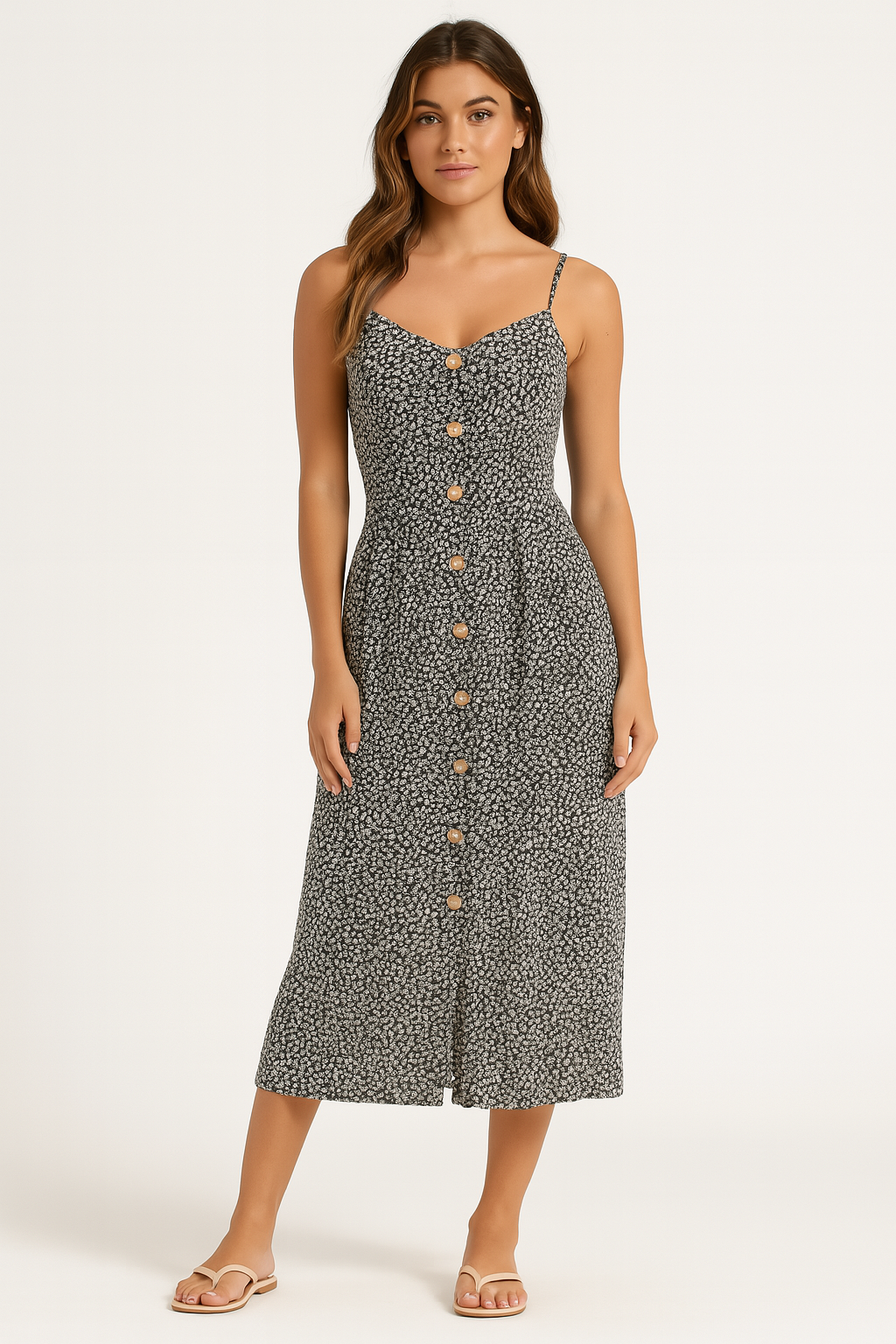 Strappy Daisy Print Button Midaxi Summer Dress