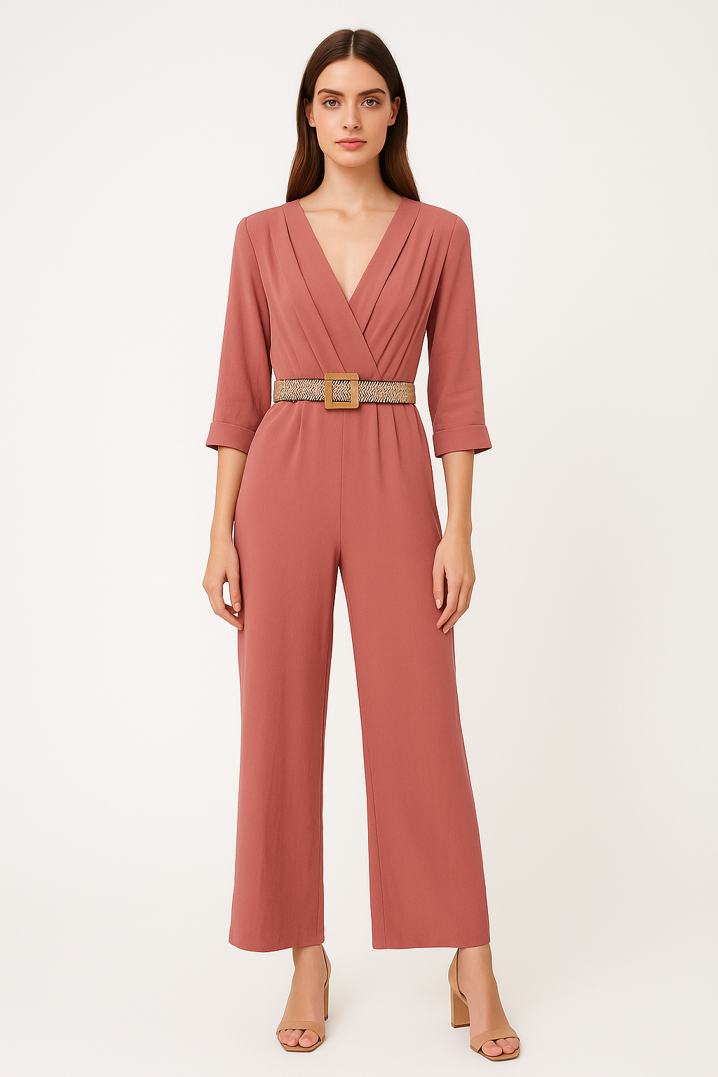 Belted 3/4 Sleeve V-Neck Wrap Style Wide Leg Jumpsuit
