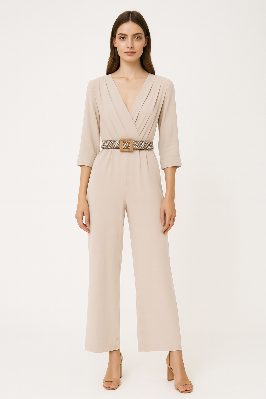 Belted 3/4 Sleeve V-Neck Wrap Style Wide Leg Jumpsuit