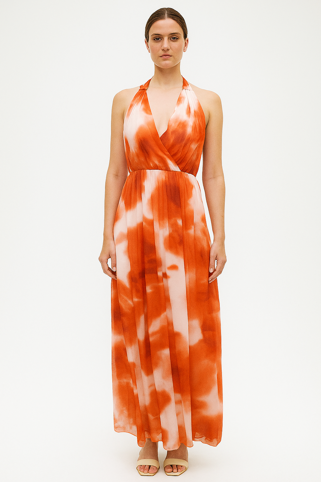 Watercolour Print Semi Sheer Chiffon Halterneck Empire Waist Flowy Long Dress