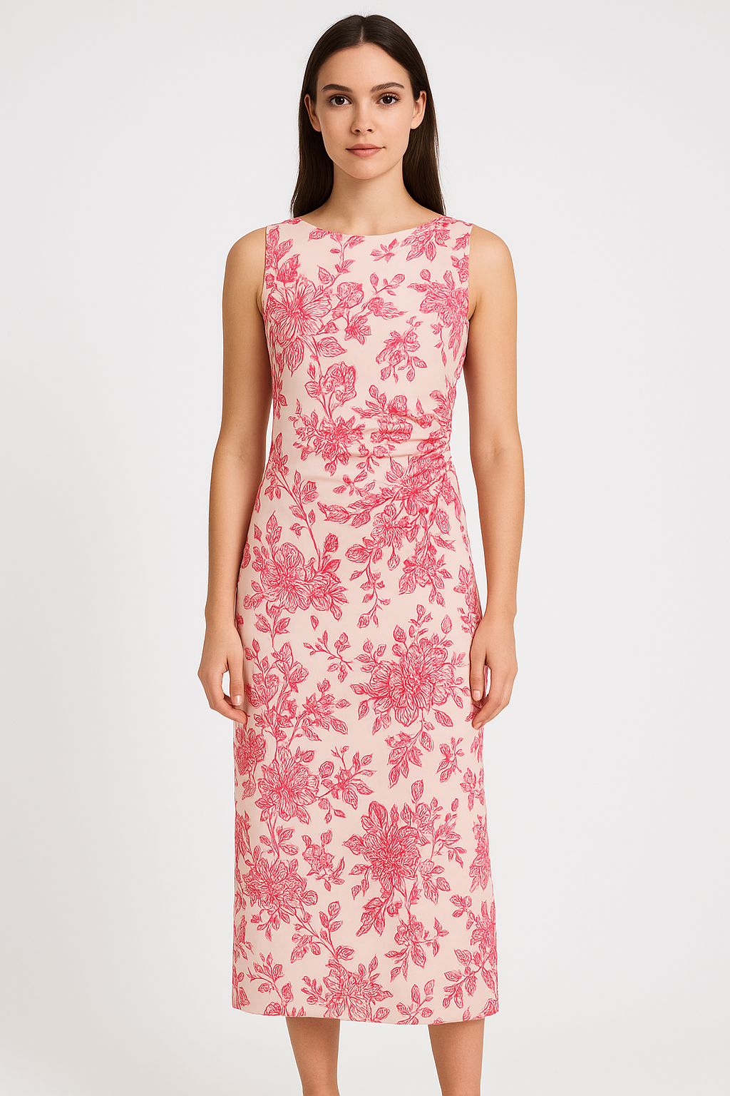 Ruched Side Slit Flower Print Midaxi Dress