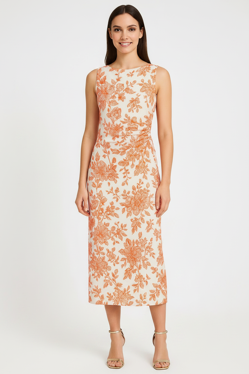 Ruched Side Slit Flower Print Midaxi Dress