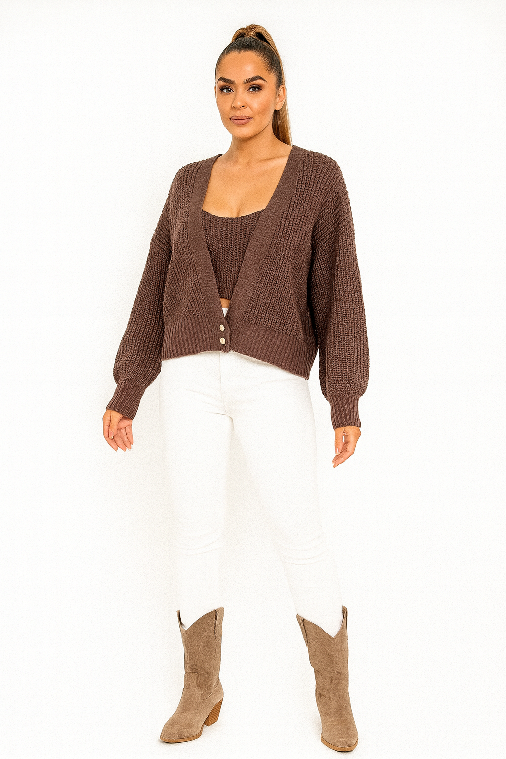 Button Detail V-Cut Neck Chunky Knit Cropped Cardigan