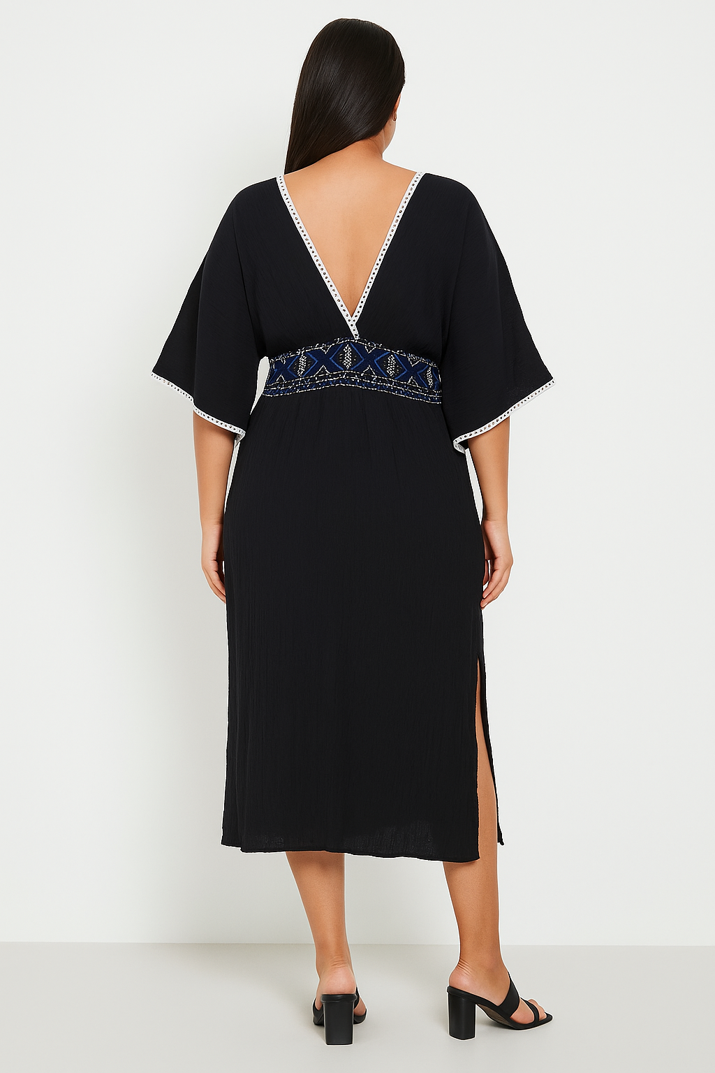 Boho Wrap Style Low Cut Neckline Side Slits Cotton Cheesecloth Midaxi Dress