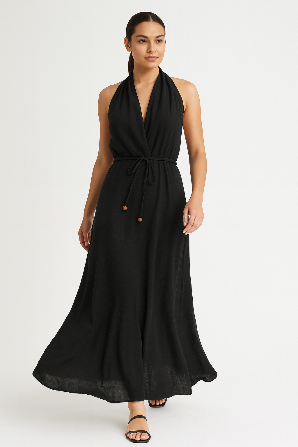 Linen Viscose Blend Tie Up Flowy A-Line Halterneck Maxi Dress
