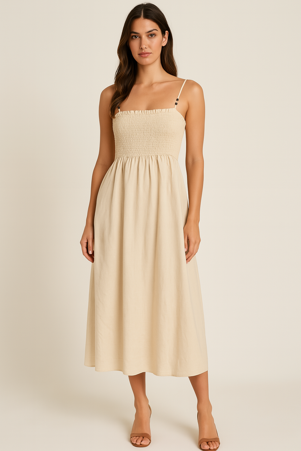 Wholesale Women's Adjustable Straps Elasticated Waist Linen Long A-Line Dress (PACK OF 6)