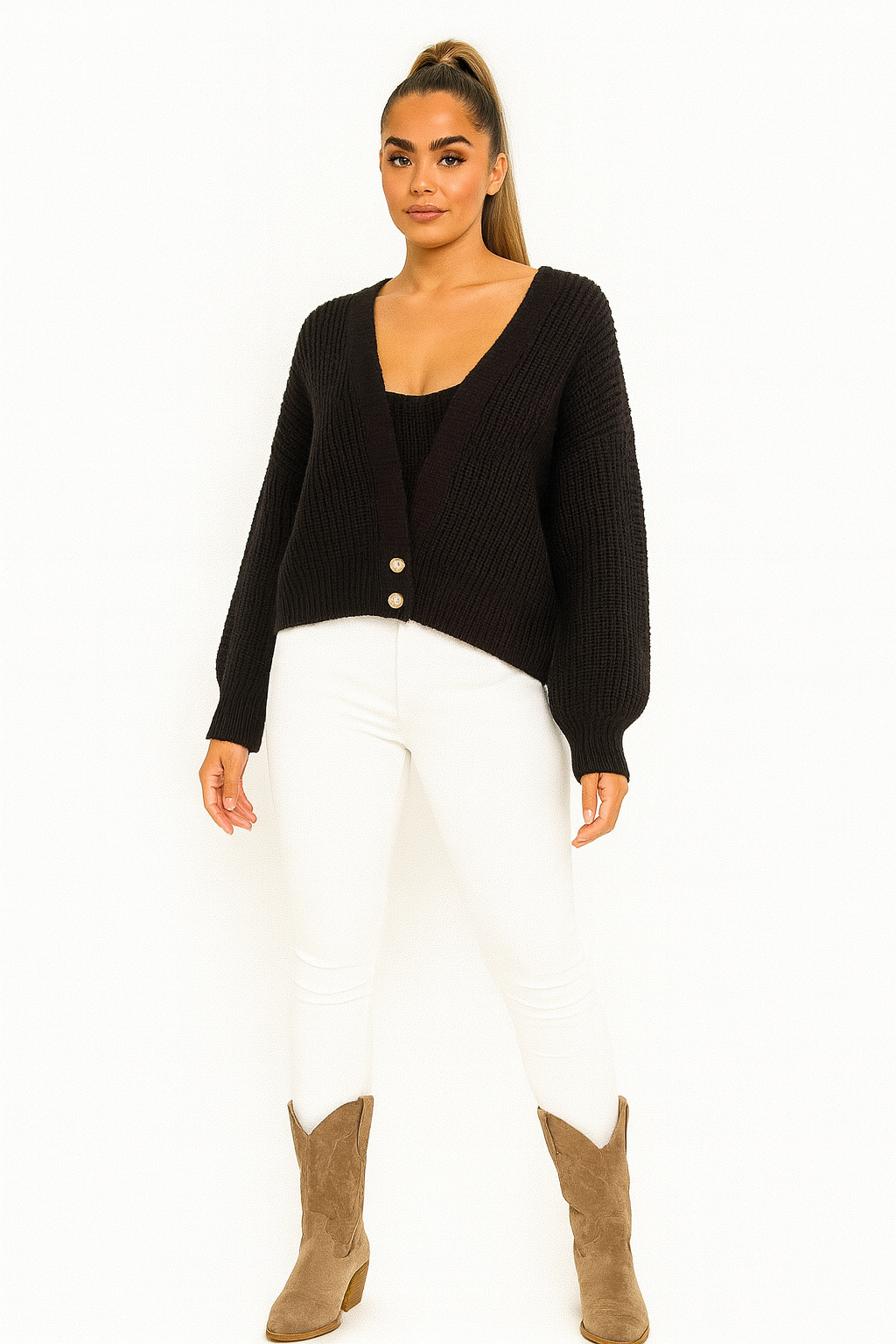 Button Detail V-Cut Neck Chunky Knit Cropped Cardigan
