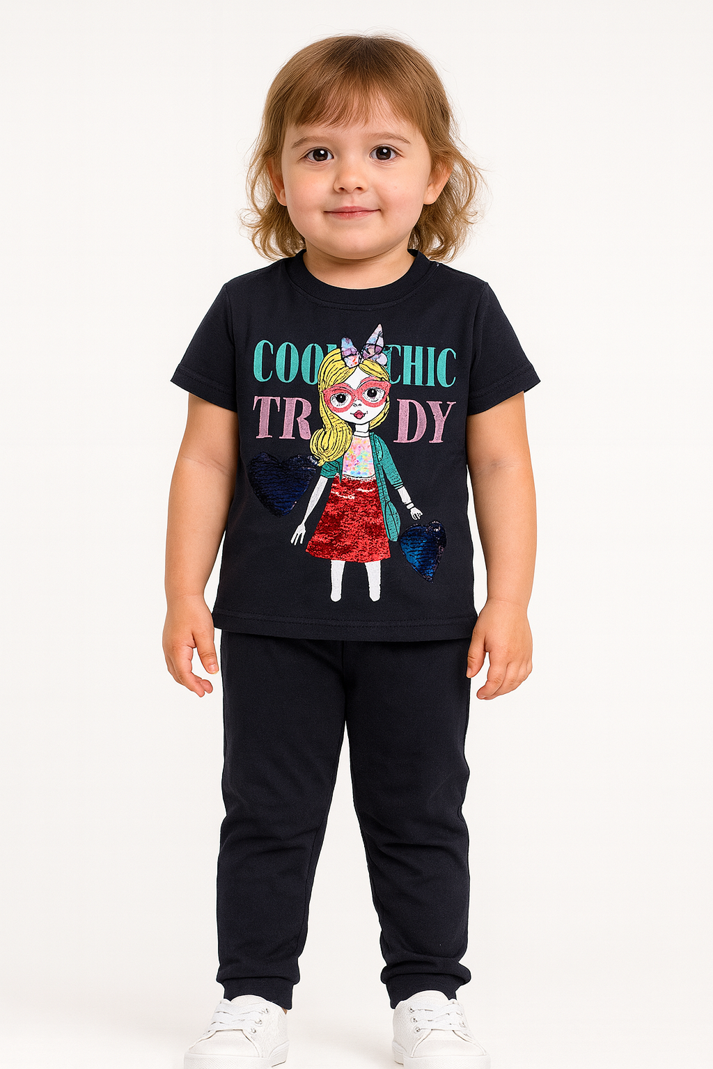 Wholesale Graphic Sequine Print Two-Piece Kids' Cotton Outfit Set (PACK OF 14)